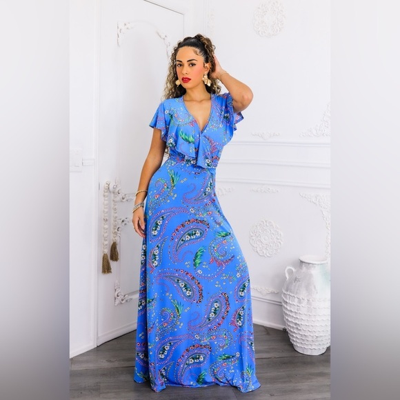 Elegant Blue Paisley Maxi Dress - Picture 5 of 8